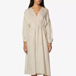 Sandro Rome Dress - white pinstripe long sleeve dress with gathered detail